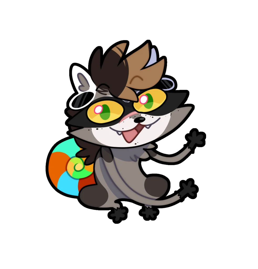 CC's raccoon-chameleon character waving, with a rainbow spiral tail