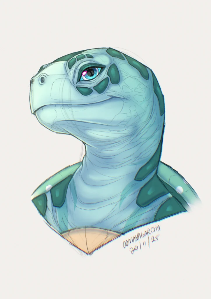 Animal anatomy sketch bust: teal sea turtle with a gentle smile