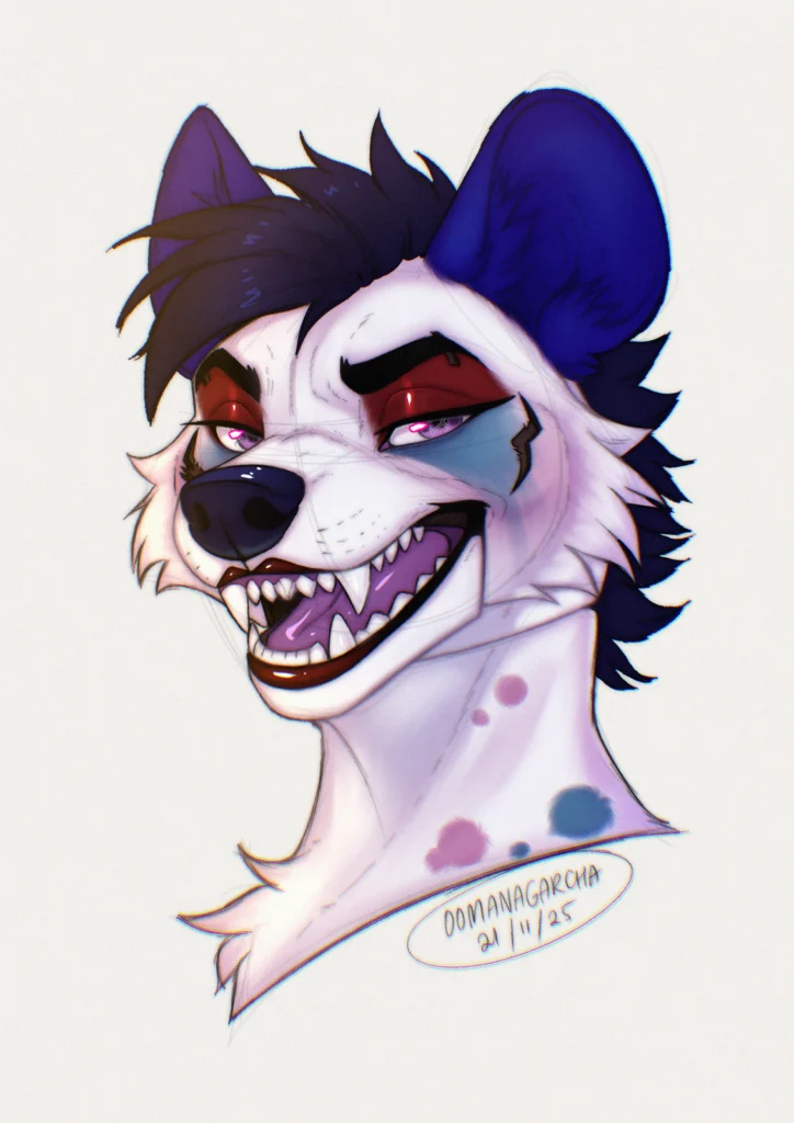 Animal anatomy sketch bust: white hyena with navy hair grinning with sharp teeth