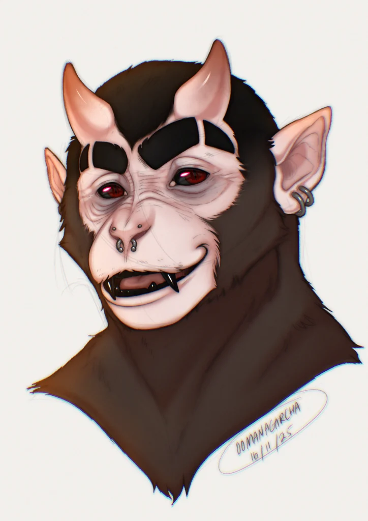 Animal anatomy sketch bust: dark-furred horned monkey with red eyes and fangs