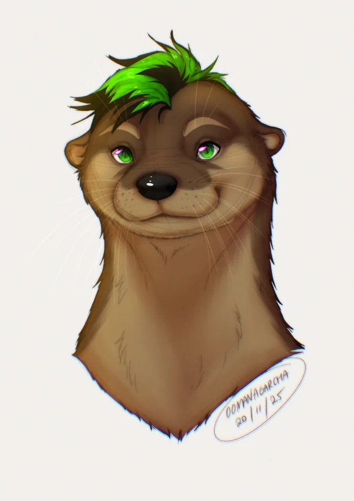 Animal anatomy sketch bust: brown otter with green hair and green eyes