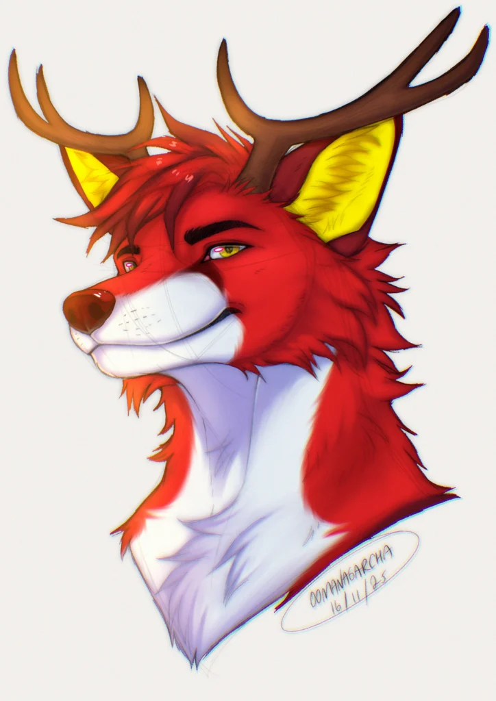 Animal anatomy sketch bust: red fox with deer antlers and yellow ears