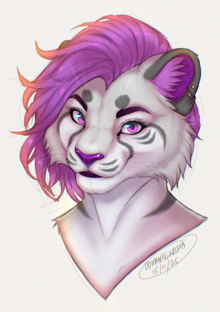 Animal anatomy sketch bust: white snow leopard with pink hair and purple eyes