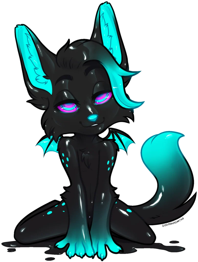 Chibi: glossy black canine with glowing cyan ears, tail and small wings