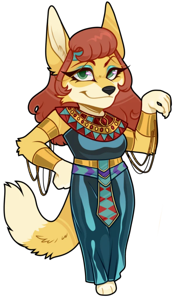 Chibi: red-haired fennec fox in Egyptian-style teal gown and gold jewellery