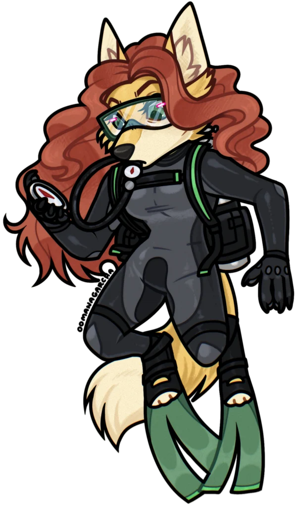 Chibi: red-haired fox in a black wetsuit with scuba gear and green fins
