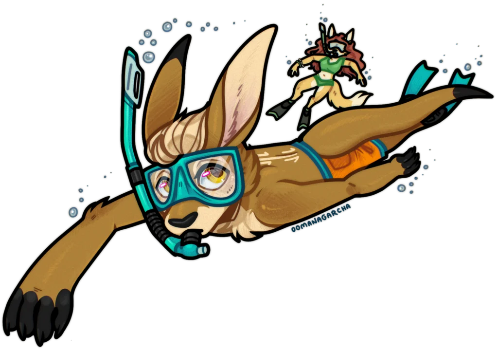 Chibi: kangaroo snorkelling underwater with a small diving fox behind