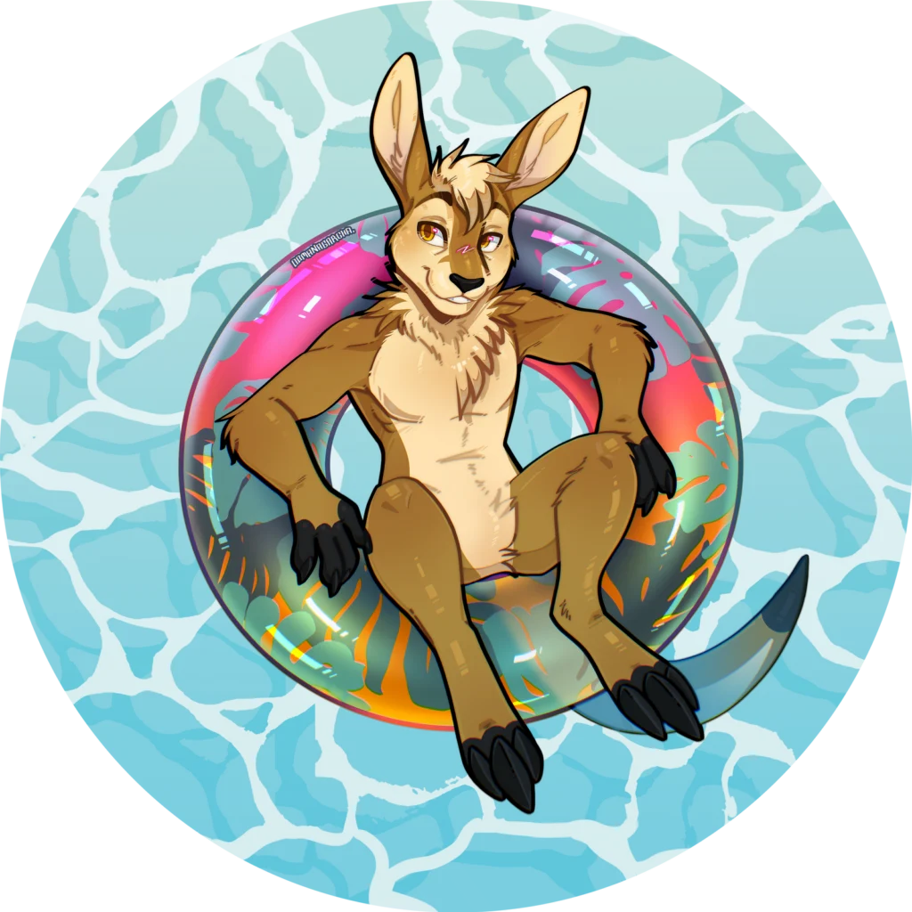 Chibi: kangaroo relaxing on a rainbow pool float in blue water
