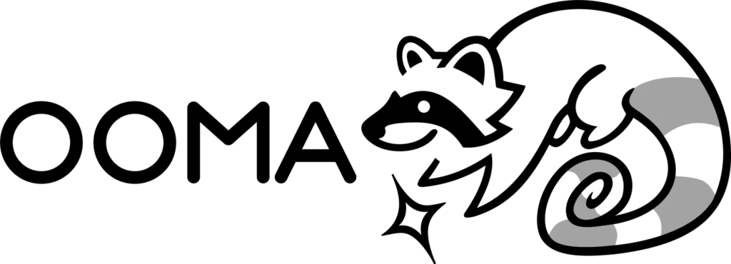 OOMA logo with a raccoon mascot curled beside the wordmark