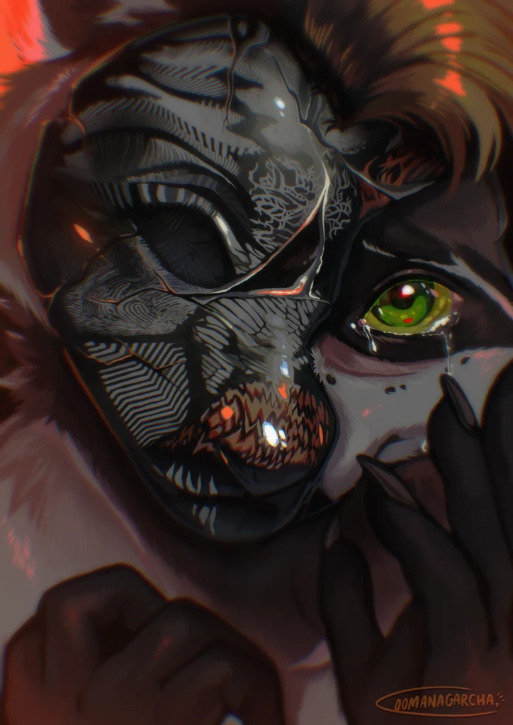 Digital painting: close-up of a dark masked creature with one green tearful eye