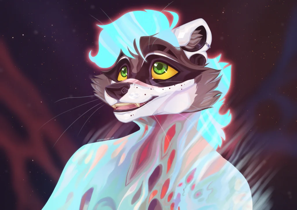 Digital painting: raccoon with glowing cyan hair and yellow eyes against a starry sky