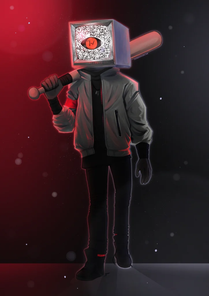 Digital painting: figure with an old TV for a head holding a baseball bat