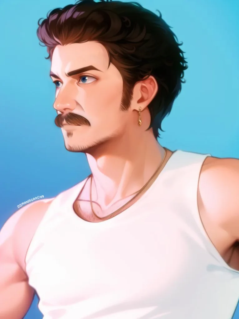 Digital painting: man with dark hair, moustache and white tank top on blue