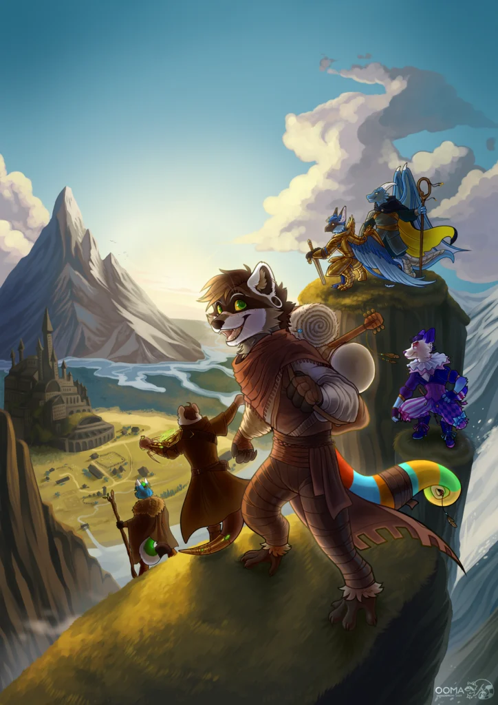 Full-body illustration: raccoon adventurer and companions on a mountain cliff above a valley