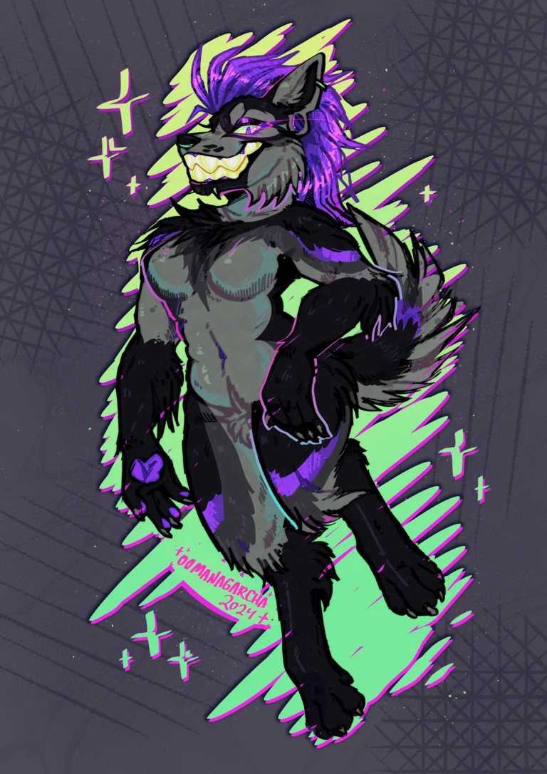 Full-body illustration: grinning grey wolf with purple mohawk against neon green slashes