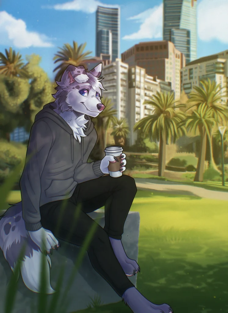 Full-body illustration: grey wolf in a hoodie sitting in a sunny city park with coffee