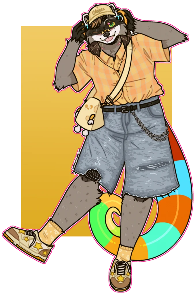 Full-body illustration: raccoon in cap, peach shirt and denim shorts with a rainbow tail