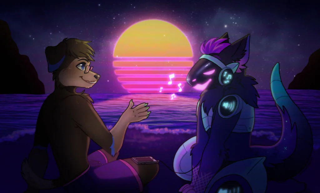 Full-body illustration: two characters on a beach at night under a neon retro sunset