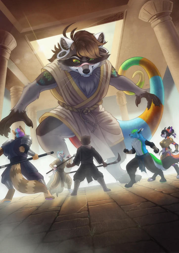 Full-body illustration: raccoon martial artist leaping over staff-wielding fighters in a temple