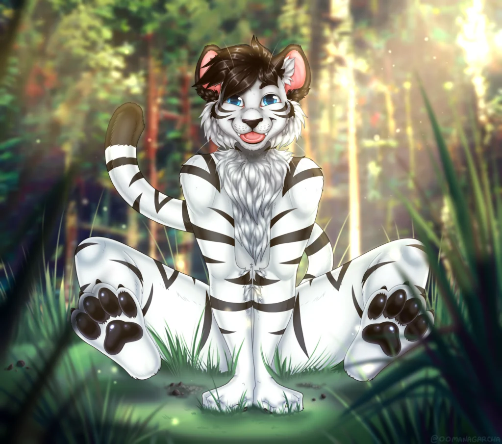 Full-body illustration: white tiger sitting in a sunlit forest clearing, waving