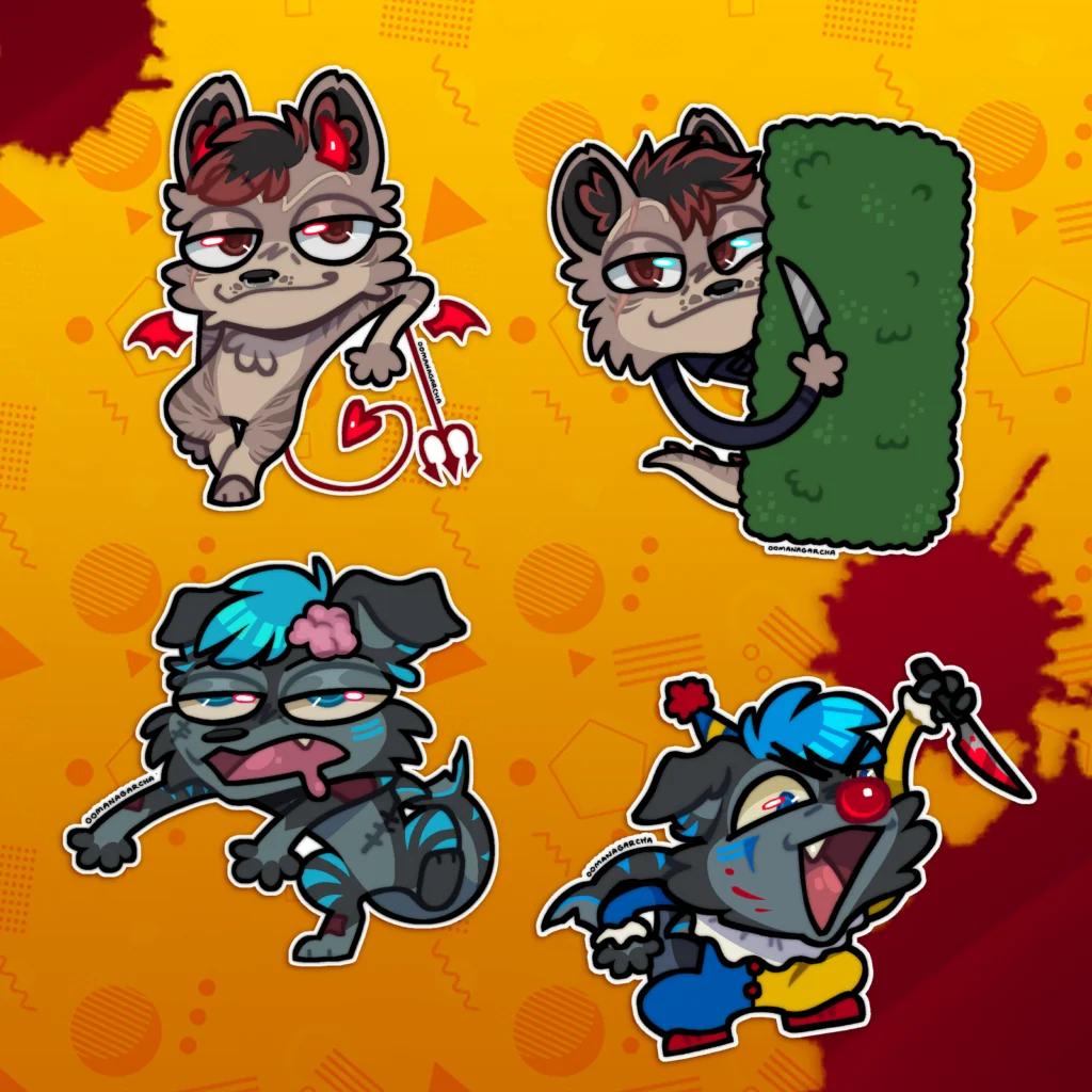 Skrunkle stickers: four critters in devil, zombie and clown Halloween costumes