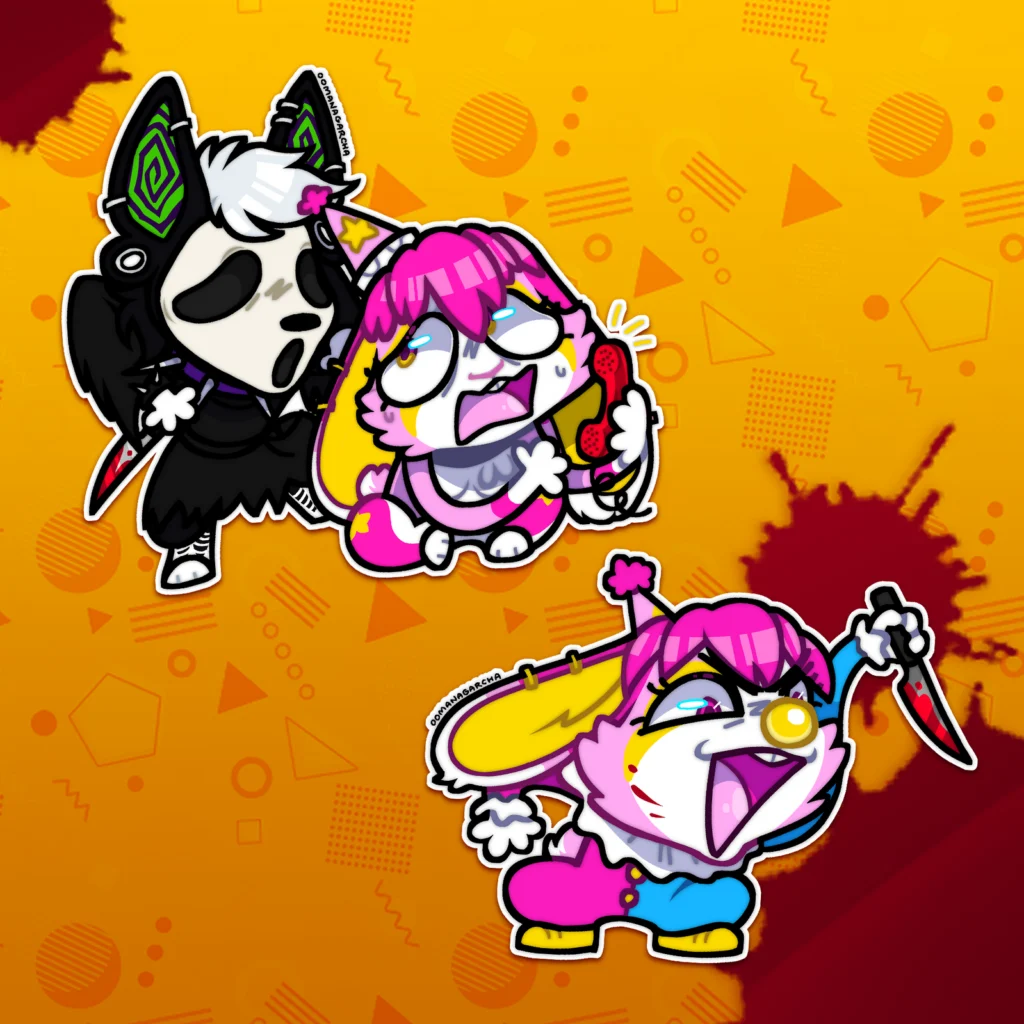 Skrunkle stickers: three critters in Ghostface and pink clown Halloween costumes