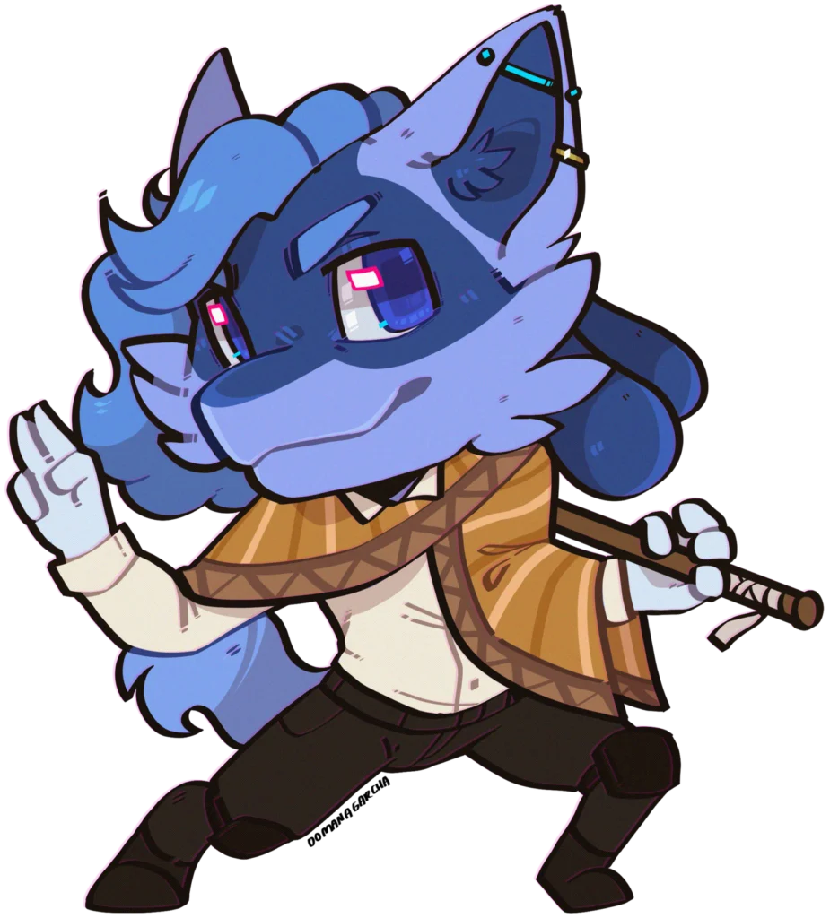Chibi: blue canine in a brown vest holding a wooden cane