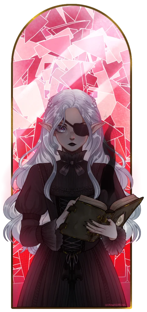 Half-body bust: pale elf with eyepatch holding a book before a red stained-glass arch