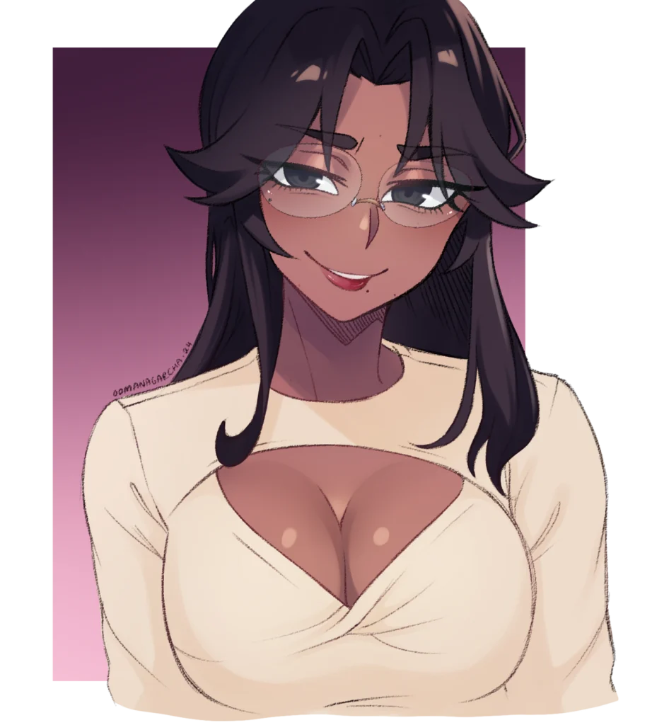 Half-body bust: smiling dark-haired woman with glasses in a cream top