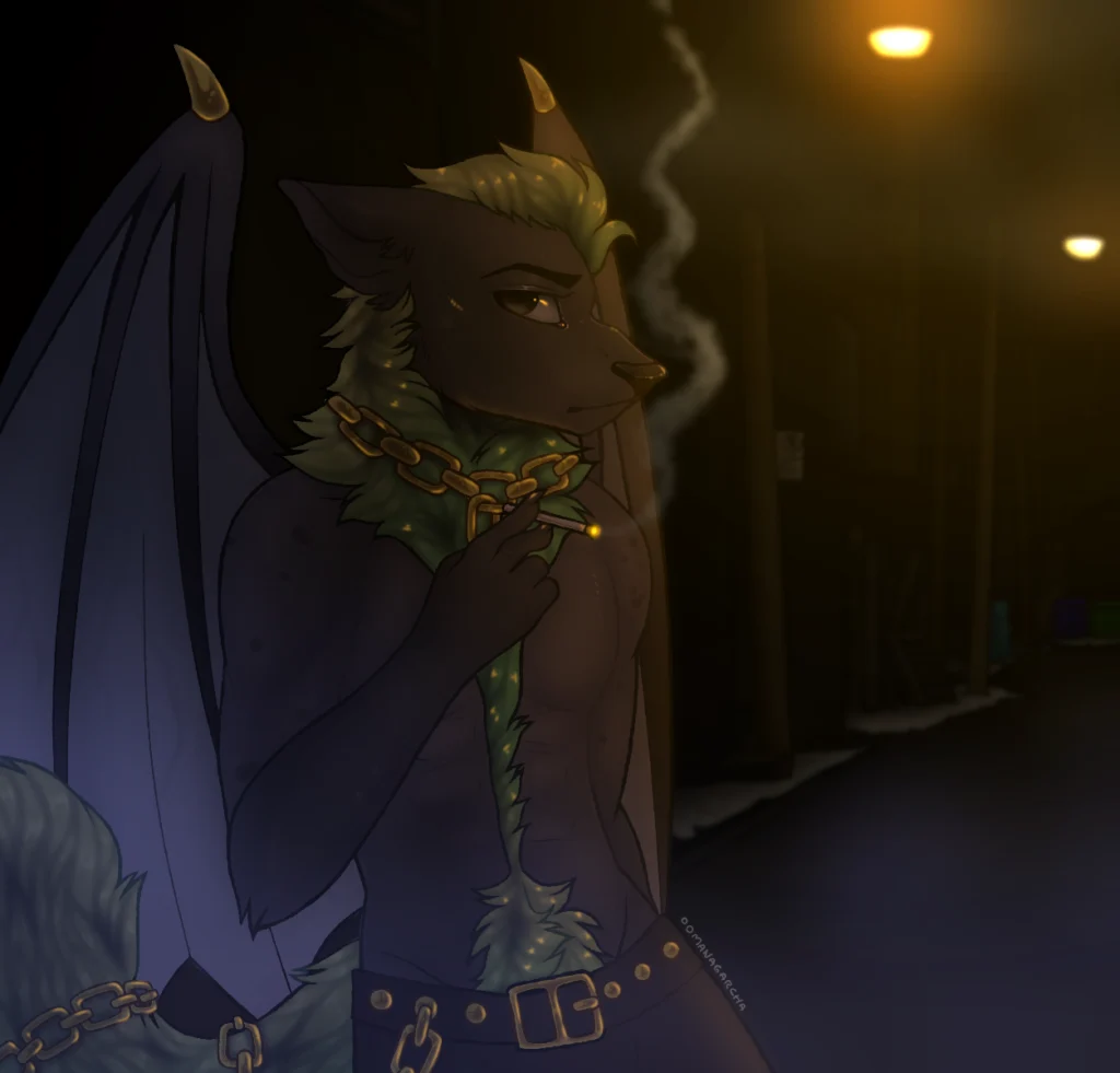 Half-body bust: dark winged, horned canine with a chain necklace smoking in a dim hallway