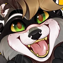 Headshot icon: grinning raccoon with green eyes and a brown hair tuft
