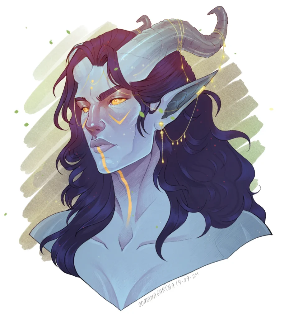 Headshot icon: blue-skinned tiefling with curled horns, long dark hair and gold face markings