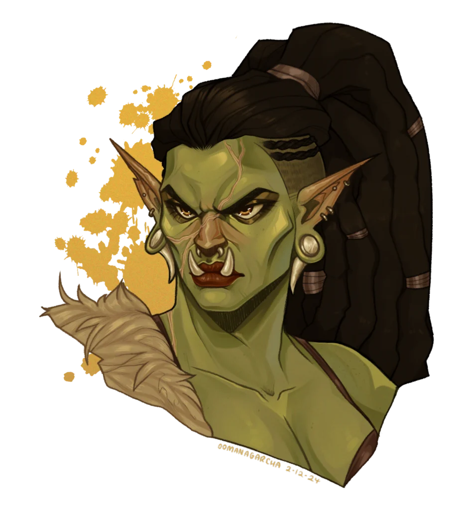 Headshot icon: green-skinned orc with tusks, ear piercings and long dark braided hair
