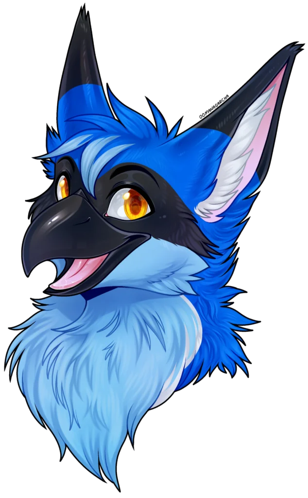 Headshot icon: smiling blue jay creature with black beak, orange eyes and tall ears
