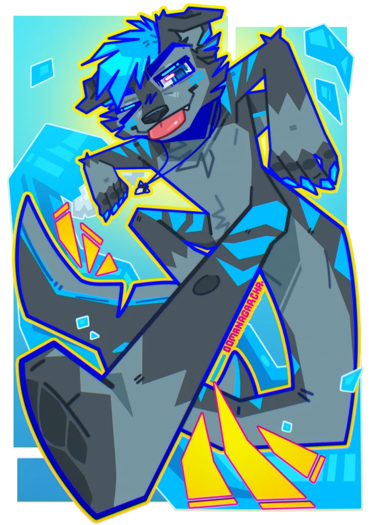 Neon geometric full-body: grey canine with blue stripes winking among cyan shards