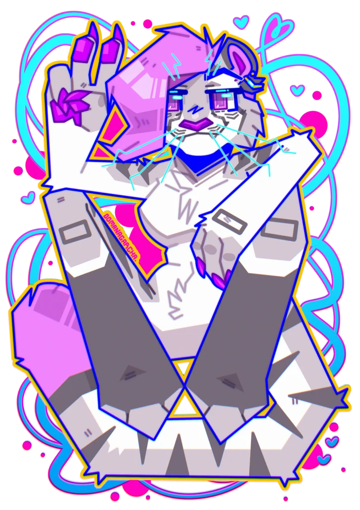 Neon geometric full-body: white feline with pink hair and pastel swirls