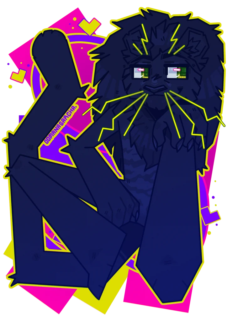 Neon geometric full-body: dark navy lion with green eyes on pink shapes