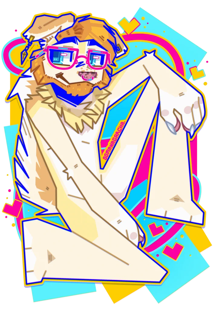 Neon geometric full-body: cream dog with pink glasses against cyan and pink