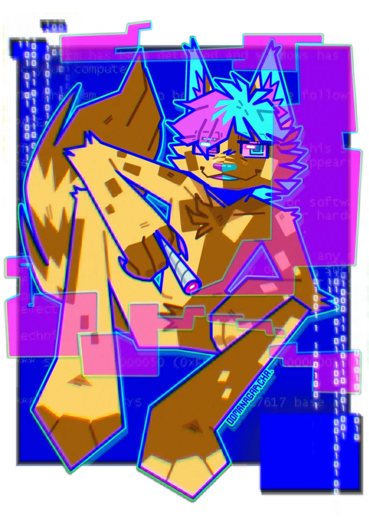 Neon geometric full-body: tan feline with pink and teal hair over binary code