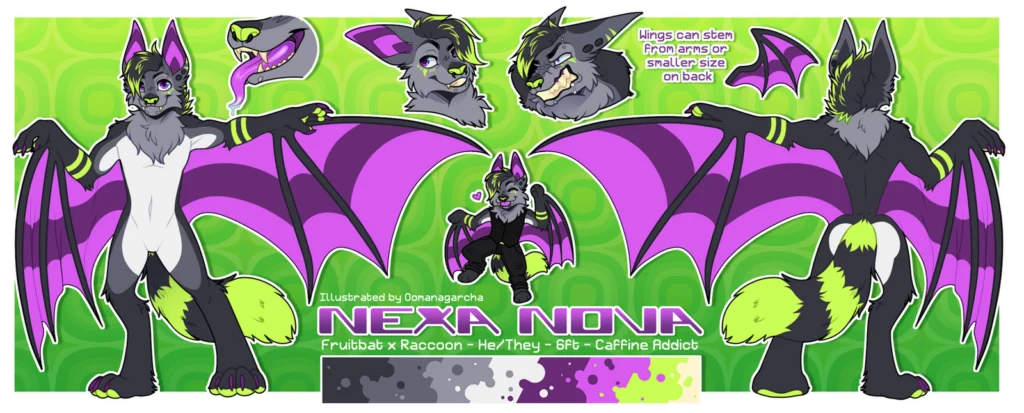 Reference sheet: purple-winged fruit bat raccoon hybrid, titled Nexa Nova