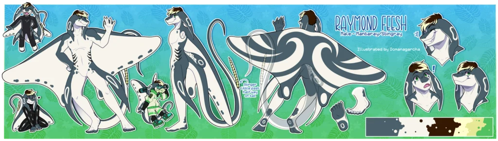 Reference sheet: grey and white manta ray anthro, titled Raymond Feesh