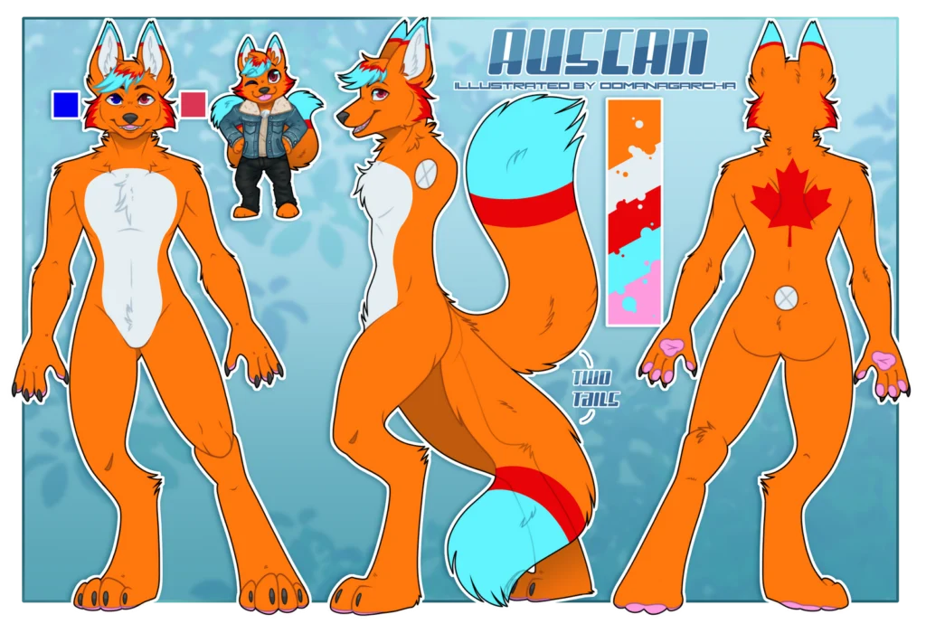 Reference sheet: orange fox with cyan tail tip and outfit, titled Auscan