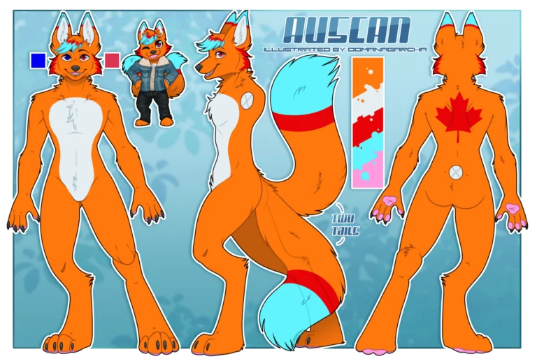 Reference sheet: orange fox with cyan tail tip and outfit, titled Auscan