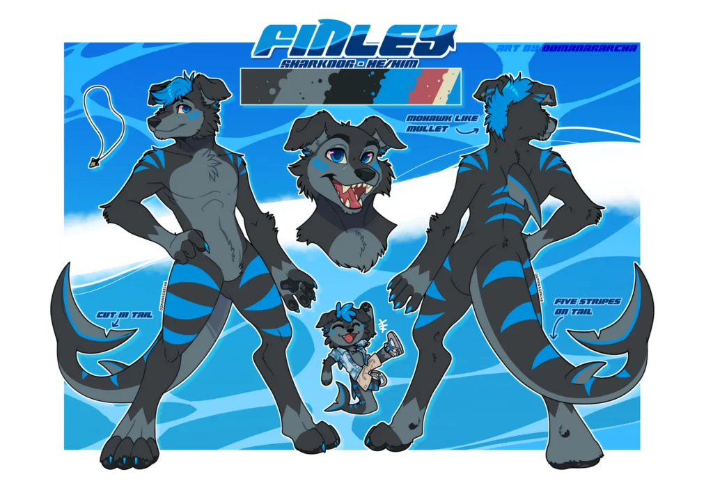 Reference sheet: dark grey shark-dog with blue stripes, titled Finley