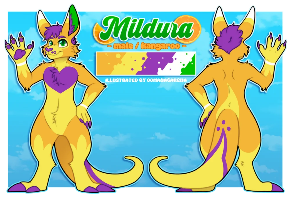 Reference sheet: yellow and purple kangaroo, front and back views, titled Mildura
