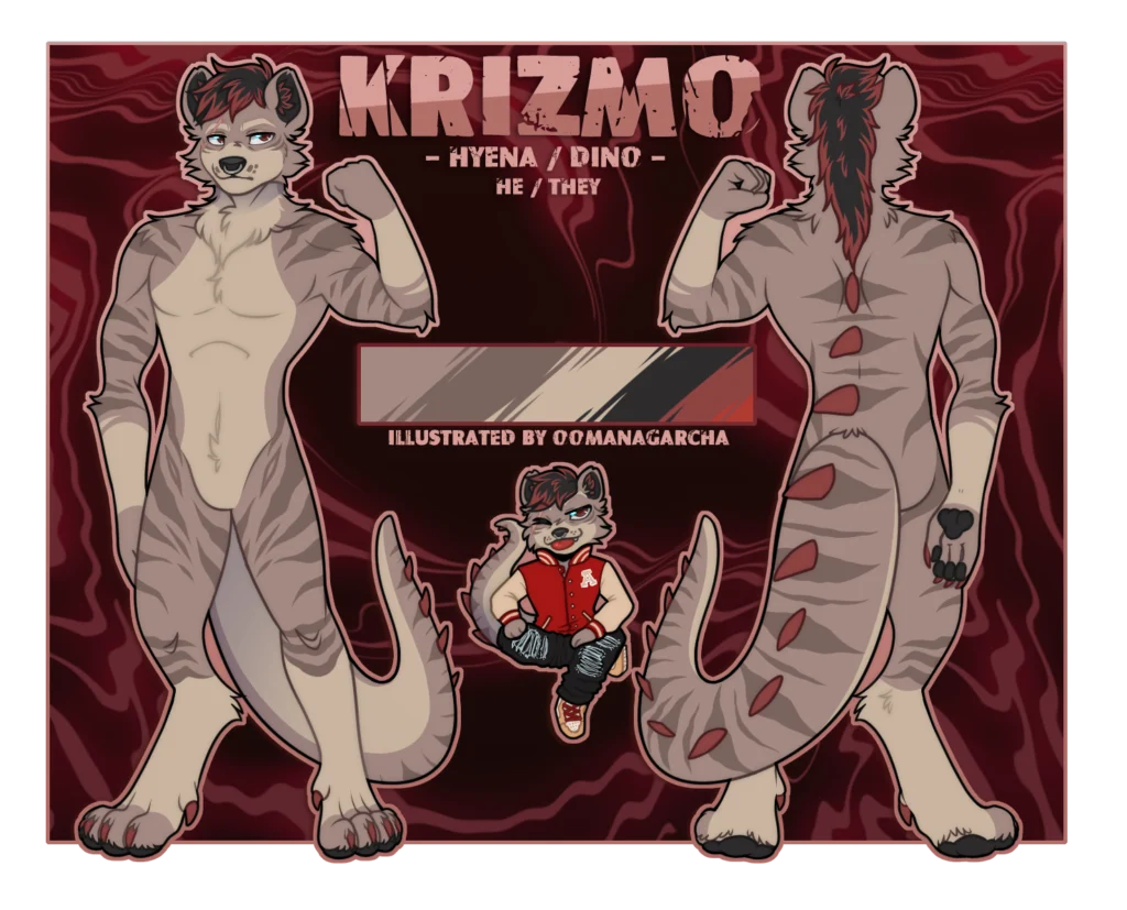 Reference sheet: tan hyena-dino hybrid with red spines, titled Krizmo