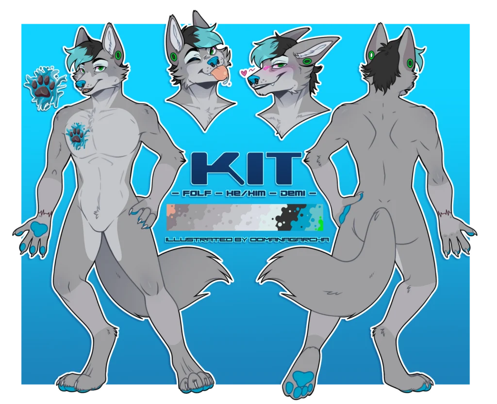 Reference sheet: grey folf with teal hair and paw pads, titled Kit