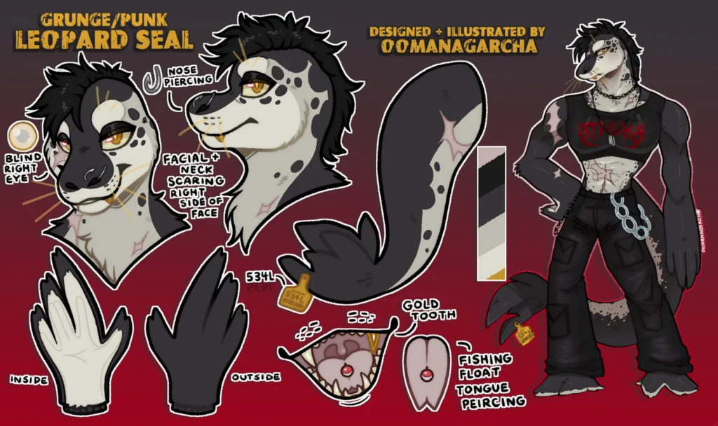Reference sheet: grunge punk leopard seal with piercings and detail callouts