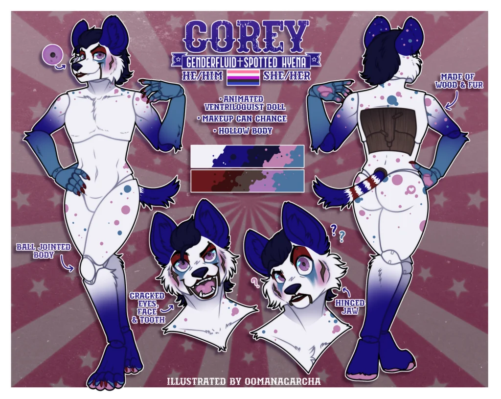 Reference sheet: white and navy spotted hyena ventriloquist doll, titled Corey