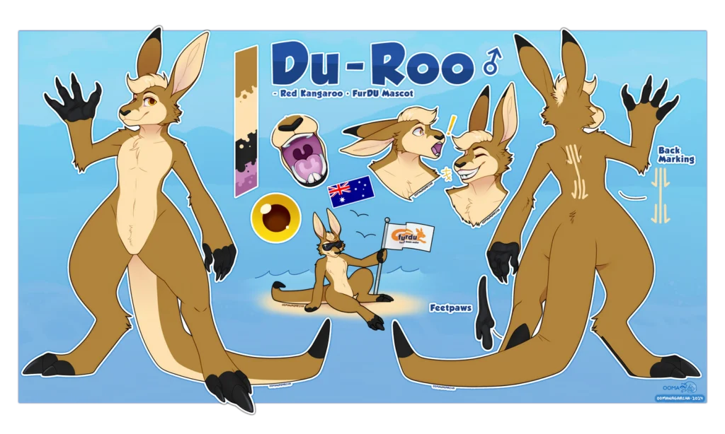 Reference sheet: red kangaroo mascot with Australian flag, titled Du-Roo